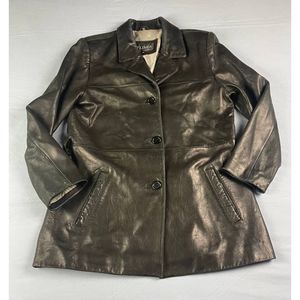 D' Linea Genuine Leather Collar Button Coat Jacket Black Size XL Pockets